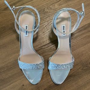 NEW—Miu Miu Silver Glitter and Rhinestone Strappy Heels
